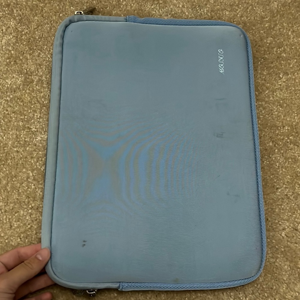 blue computer case. kinda a little worn